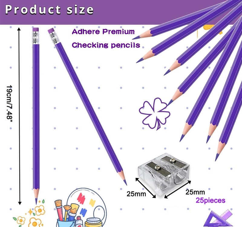 Adhere 25pcs Checking Pencils Erasable colored Pencils Pre-Sharpened #2 HB,for Checking Tests Grading,Map Coloring, editing Office Favors,including a Free sharpener. (Purple) - Image 2